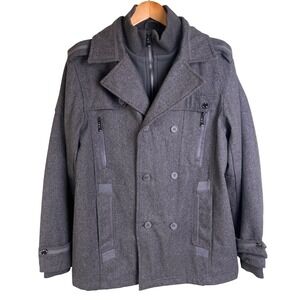 Whispering‎ Smith Gray Lined Double Breasted Heavy Wool Blend Coat Large Read
